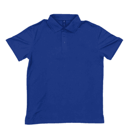 A blue polo shirt with a collar, short sleeves, and buttons, featuring a logo.