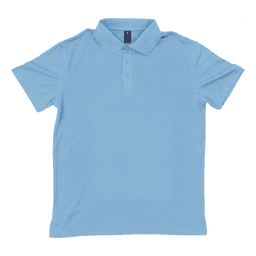 A light blue polo shirt with a collar and three buttons, featuring a logo on the chest area.