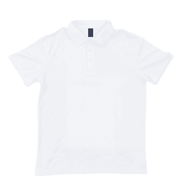 A white polo shirt featuring a collar and three buttons, with a small logo on the chest.
