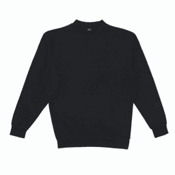 A black crew neck sweatshirt displayed flat, featuring long sleeves and a ribbed collar. It includes a logo on the inside label.