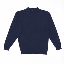 A navy crew sweatshirt with a round neckline and long sleeves. It has ribbed cuffs and hem.