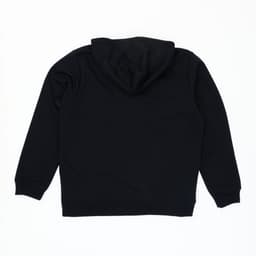 A black zip-up hooded sweatshirt with a simple design and a hood, featuring a logo.