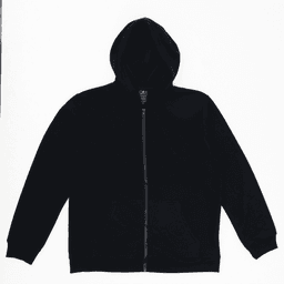 A black zip hoodie with a hood and front pockets, featuring a branding logo.