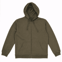 A zip-up hooded sweatshirt in olive green with a front pocket and drawstrings on the hood. It features a logo.