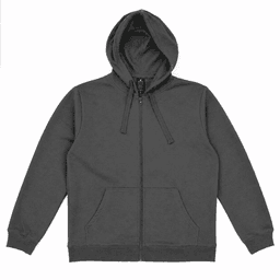 A grey zip hoodie with a drawstring hood and front pockets, featuring a logo on the label.