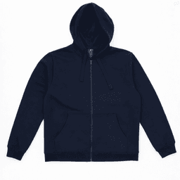 A navy zip hoodie featuring a hood and front pockets, with a logo on the label.