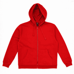 A red zip-up hooded sweatshirt with a front pocket and a hood. The hoodie features a logo on the inner tag.
