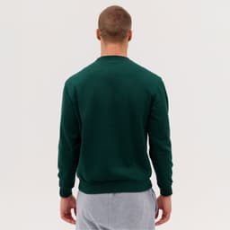 A green crew sweatshirt displayed from the back, featuring a simple design and a comfortable fit.
