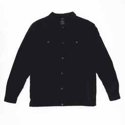 A black jacket with a button-up front and a collar, featuring a logo on the label inside.