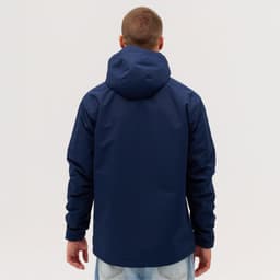 A navy utility jacket with a hood, viewed from the back, featuring a simple design and no visible logos.