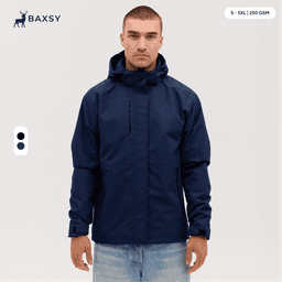 A navy blue utility jacket with a hood, featuring a logo and a front zip.