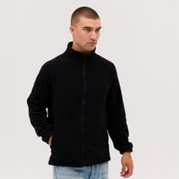 A black polar fleece full zip jacket with a high collar, featuring a zip front and long sleeves.