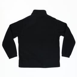 A black polar fleece full zip jacket featuring a collar and long sleeves. It has a logo on the back.