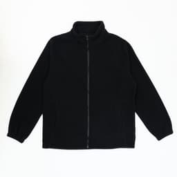 A black fleece jacket with a full zip and high collar, featuring two side pockets and a logo.