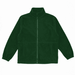 A full zip jacket made of polar fleece in a deep green colour, featuring side pockets and a high collar.