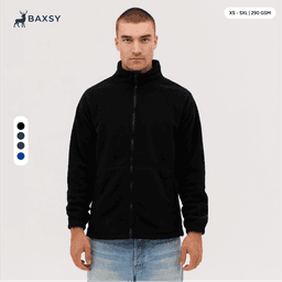 A full zip polar fleece jacket in black, featuring a collar and a relaxed fit, displayed on a model.