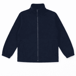 A navy blue full zip polar fleece jacket with a high collar and front pockets, featuring a logo.