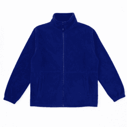 A navy blue polar fleece full zip jacket with side pockets and a stand-up collar. It features a logo on the chest.