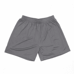Grey shorts made from lightweight fabric, featuring an elastic waistband and a logo.