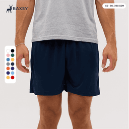Navy shorts displayed on a model, featuring an elastic waistband and side pockets. Includes a colour selection chart.