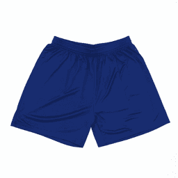 A pair of navy blue athletic shorts with an elastic waistband and folding fabric. Features a logo on the side.