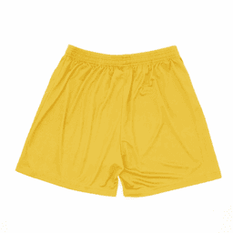 Yellow shorts with an elastic waist and a smooth, shiny fabric. The item features a brand logo.