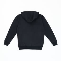 A black zip hoodie featuring a hood and ribbed cuffs, with a logo on the back.
