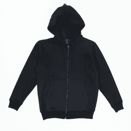 A black zip hoodie featuring a hood and front pockets, with a logo present.
