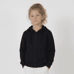 A black zip hoodie for youth featuring a front zip and two pockets, styled casually with a hood.