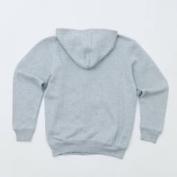 A grey zip-up hoodie featuring a hood and long sleeves, with a plain back view. It has a logo on the fabric.