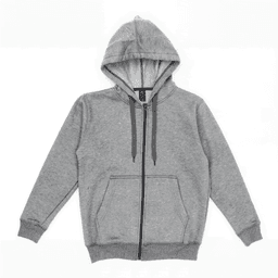 A grey zippered hooded sweatshirt with a front pocket and drawstrings on the hood, featuring a logo.