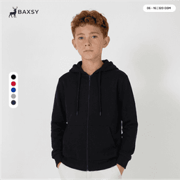 A zip hood in black with a hood, featuring a logo and various colour options available.