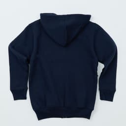 A navy blue hooded zip sweatshirt with a kangaroo pocket and long sleeves, featuring a brand logo.