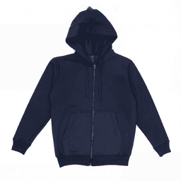A navy zip-up hooded sweatshirt featuring a front pocket and a drawstring hood. It has a logo on the interior label.