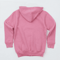 A pink zip hoodie featuring a hood and ribbed cuffs. It has a logo on the back.