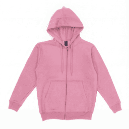 A pink zip-up hoodie with a hood and front pockets, featuring a logo on the tag.