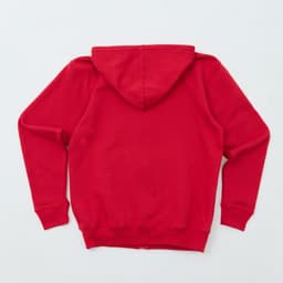 A red zip hoodie with a hood and long sleeves, featuring a plain back and elastic cuffs.