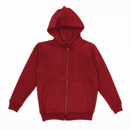 A red zip-up hoodie with a hood and front pockets. It features long sleeves and a simple design.