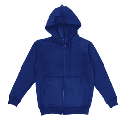 A blue zip-up hooded sweatshirt with a front pocket and drawstrings, featuring a logo on the inside label.