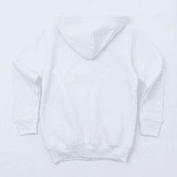 A white zip-up hoodie with a hood, featuring a plain back design and fitted cuffs. It has a branding logo.