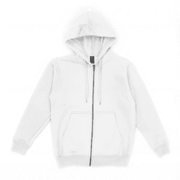 A light grey zip-up hoodie featuring a hood and front pocket. Includes a logo.