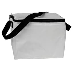 A white cooler bag with a zip closure and a black shoulder strap, featuring a logo on the side.