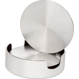 A stainless steel coaster with a sleek, shiny finish, featuring a circular design and a small opening.