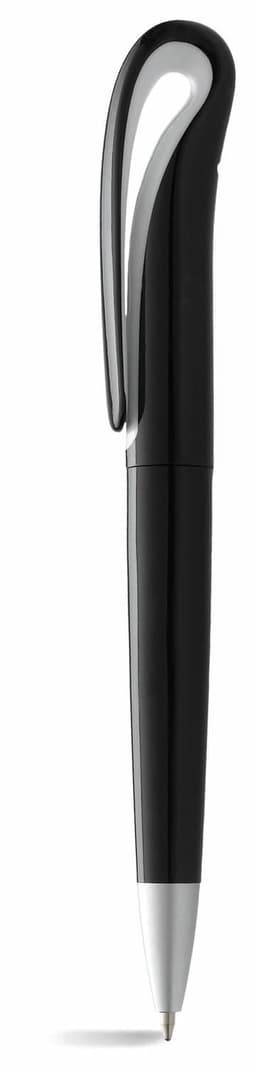 A black twist-action ballpoint pen with a styled clip and a white tip. It features a logo on the barrel.