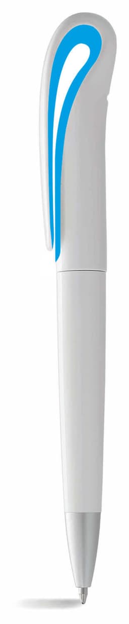 A twist-action ballpoint pen in white with a blue styled clip and branding on the barrel.