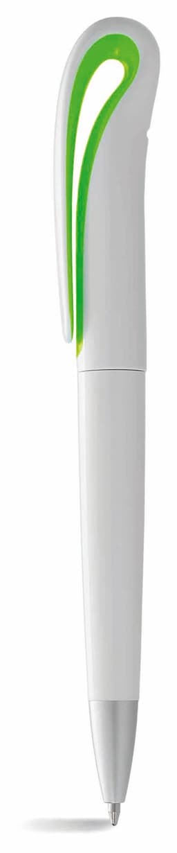 A white ballpoint pen with a green styled clip featuring a twist-action mechanism and a logo.