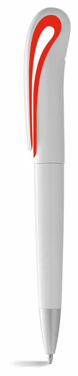 A twist-action ballpoint pen in white with a red styled clip, featuring a logo on the barrel.