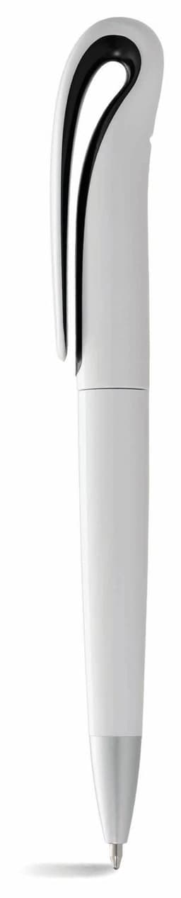 A twist-action ballpoint pen in white with a styled black clip and a subtle logo on the clip.