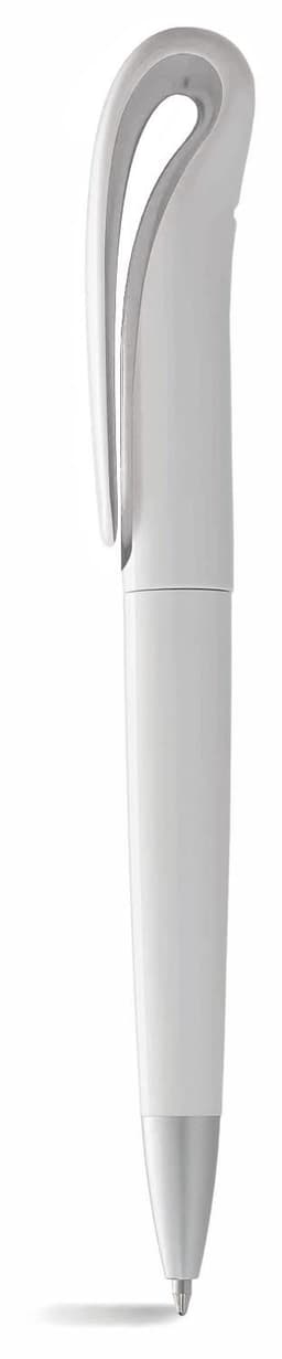 A white twist-action ballpoint pen with a styled clip and a small logo.