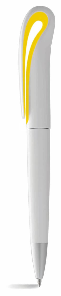 A white twist-action ballpoint pen with a stylised yellow clip and a smooth design.